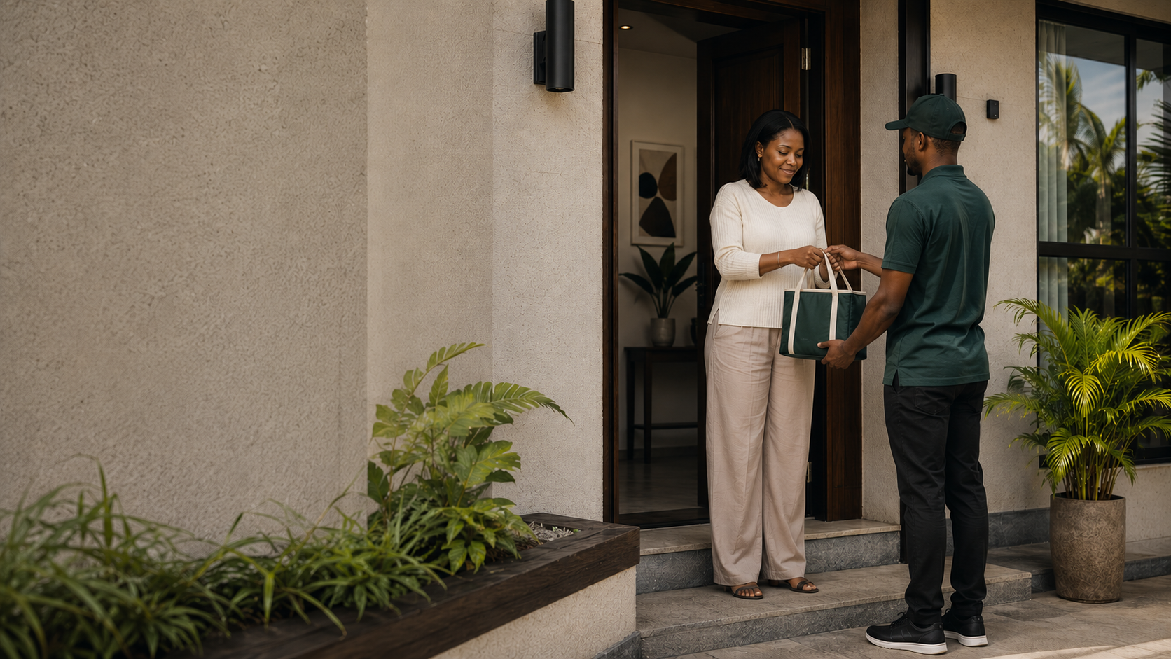 FrozenMart rider delivering frozen food to a customer's door